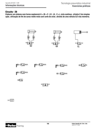 Tecnologia pneumática industrial
Exercícios práticos

Apostila M1001-1 BR

Informações técnicas

Circuito - 29

Elaborar um sistema com forma seqüencial A + (B + C -) B - (A - C +), ciclo contínuo, cilindro C de simples
ação, utilização de fim de curso rolete mola com corte de sinal, através de uma válvula 5/2 vias memória.

166

Training

Parker Hannifin Ind. Com. Ltda.
Jacareí, SP - Brasil

 