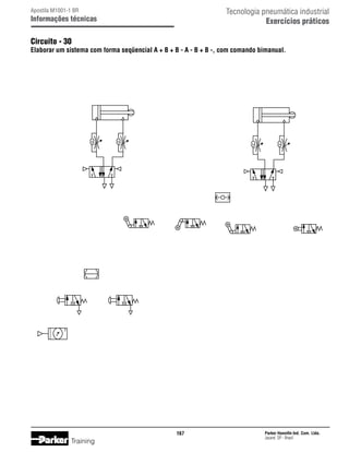 Tecnologia pneumática industrial
Exercícios práticos

Apostila M1001-1 BR

Informações técnicas

Circuito - 30

Elaborar um sistema com forma seqüencial A + B + B - A - B + B -, com comando bimanual.

167

Training

Parker Hannifin Ind. Com. Ltda.
Jacareí, SP - Brasil

 