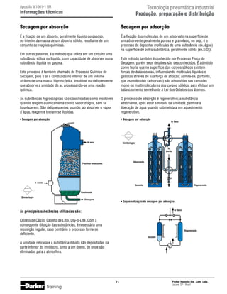 Tecnologia pneumática industrial
Produção, preparação e distribuição

Apostila M1001-1 BR

Informações técnicas

Secagem por absorção

Secagem por adsorção

É a fixação de um absorto, geralmente líquido ou gasoso,
no interior da massa de um absorto sólido, resultante de um
conjunto de reações químicas.

É a fixação das moléculas de um adsorvato na superfície de
um adsorvente geralmente poroso e granulado, ou seja, é o
processo de depositar moléculas de uma substância (ex. água)
na superfície de outra substância, geralmente sólida (ex.SiO2).

Em outras palavras, é o método que utiliza em um circuito uma
substância sólida ou líquida, com capacidade de absorver outra
substância líquida ou gasosa.
Este processo é também chamado de Processo Químico de
Secagem, pois o ar é conduzido no interior de um volume
atráves de uma massa higroscópica, insolúvel ou deliquescente
que absorve a umidade do ar, processando-se uma reação
química.

Este método também é conhecido por Processo Físico de
Secagem, porém seus detalhes são desconhecidos. É admitido
como teoria que na superfície dos corpos sólidos existem
forças desbalanceadas, influenciando moléculas líquidas e
gasosas através de sua força de atração; admite-se, portanto,
que as moléculas (adsorvato) são adsorvidas nas camadas
mono ou multimoleculares dos corpos sólidos, para efetuar um
balanceamento semelhante à Lei dos Octetos dos átomos.

As substâncias higroscópicas são classificadas como insolúveis
quando reagem quimicamente com o vapor d'água, sem se
liquefazerem. São deliquescentes quando, ao absorver o vapor
d'água, reagem e tornam-se líquidas.

O processo de adsorção é regenerativo; a substância
adsorvente, após estar saturada de umidade, permite a
liberação de água quando submetida a um aquecimento
regenerativo.

• Secagem por absorção

• Secagem por adsorção

Ar seco

Ar Seco

Simbologia
Ar
úmido

Adsorvente

Pastilhas dessecantes

Ar úmido

Secando

Regenerando

Condensado

Simbologia

Drenagem

• Esquematização da secagem por adsorção
Ar Seco

As principais substâncias utilizadas são:
Cloreto de Cálcio, Cloreto de Lítio, Dry-o-Lite. Com a
consequente diluição das substâncias, é necessária uma
reposição regular, caso contrário o processo torna-se
deficiente.

Regenerando
Secando

A umidade retirada e a substância diluída são depositadas na
parte inferior do invólucro, junto a um dreno, de onde são
eliminadas para a atmosfera.

21

Training

Parker Hannifin Ind. Com. Ltda.
Jacareí, SP - Brasil

 
