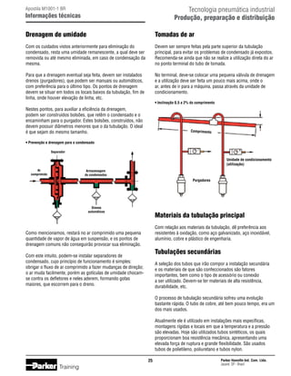 Tecnologia pneumática industrial
Produção, preparação e distribuição

Apostila M1001-1 BR

Informações técnicas

Drenagem de umidade

Tomadas de ar

Com os cuidados vistos anteriormente para eliminação do
condensado, resta uma umidade remanescente, a qual deve ser
removida ou até mesmo eliminada, em caso de condensação da
mesma.

Devem ser sempre feitas pela parte superior da tubulação
principal, para evitar os problemas de condensado já expostos.
Recomenda-se ainda que não se realize a utilização direta do ar
no ponto terminal do tubo de tomada.

Para que a drenagem eventual seja feita, devem ser instalados
drenos (purgadores), que podem ser manuais ou automáticos,
com preferência para o último tipo. Os pontos de drenagem
devem se situar em todos os locais baixos da tubulação, fim de
linha, onde houver elevação de linha, etc.

No terminal, deve-se colocar uma pequena válvula de drenagem
e a utilização deve ser feita um pouco mais acima, onde o
ar, antes de ir para a máquina, passa através da unidade de
condicionamento.
• Inclinação 0,5 a 2% do comprimento

Nestes pontos, para auxiliar a eficiência da drenagem,
podem ser construídos bolsões, que retêm o condensado e o
encaminham para o purgador. Estes bolsões, construídos, não
devem possuir diâmetros menores que o da tubulação. O ideal
é que sejam do mesmo tamanho.

Comprimento

• Prevenção e drenagem para o condensado
Separador

Unidade de condicionamento
(utilização)
Ar
comprimido

Armazenagem
de condensados

Purgadores

Drenos
automáticos

Materiais da tubulação principal
Com relação aos materiais da tubulação, dê preferência aos
resistentes à oxidação, como aço galvanizado, aço inoxidável,
alumínio, cobre e plástico de engenharia.

Como mencionamos, restará no ar comprimido uma pequena
quantidade de vapor de água em suspensão, e os pontos de
drenagem comuns não conseguirão provocar sua eliminação.

Tubulações secundárias

Com este intuito, podem-se instalar separadores de
condensado, cujo princípio de funcionamento é simples:
obrigar o fluxo de ar comprimido a fazer mudanças de direção;
o ar muda facilmente, porém as gotículas de umidade chocamse contra os defletores e neles aderem, formando gotas
maiores, que escorrem para o dreno.

A seleção dos tubos que irão compor a instalação secundária
e os materiais de que são confeccionados são fatores
importantes, bem como o tipo de acessório ou conexão
a ser utilizado. Devem-se ter materiais de alta resistência,
durabilidade, etc.
O processo de tubulação secundária sofreu uma evolução
bastante rápida. O tubo de cobre, até bem pouco tempo, era um
dos mais usados.
Atualmente ele é utilizado em instalações mais específicas,
montagens rígidas e locais em que a temperatura e a pressão
são elevadas. Hoje são utilizados tubos sintéticos, os quais
proporcionam boa resistência mecânica, apresentando uma
elevada força de ruptura e grande flexibilidade. São usados
tubos de polietileno, poliuretano e tubos nylon.
25

Training

Parker Hannifin Ind. Com. Ltda.
Jacareí, SP - Brasil

 