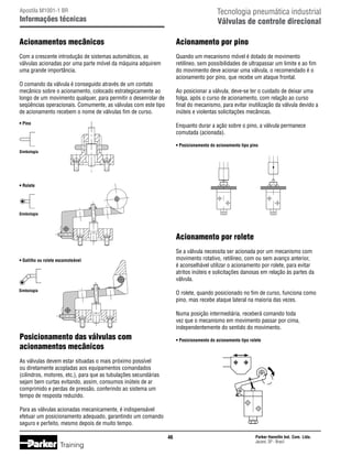 Tecnologia pneumática industrial
Válvulas de controle direcional

Apostila M1001-1 BR

Informações técnicas

Acionamentos mecânicos

Acionamento por pino

Com a crescente introdução de sistemas automáticos, as
válvulas acionadas por uma parte móvel da máquina adquirem
uma grande importância.

Quando um mecanismo móvel é dotado de movimento
retilíneo, sem possibilidades de ultrapassar um limite e ao fim
do movimento deve acionar uma válvula, o recomendado é o
acionamento por pino, que recebe um ataque frontal.

O comando da válvula é conseguido através de um contato
mecânico sobre o acionamento, colocado estrategicamente ao
longo de um movimento qualquer, para permitir o desenrolar de
seqüências operacionais. Comumente, as válvulas com este tipo
de acionamento recebem o nome de válvulas fim de curso.

Ao posicionar a válvula, deve-se ter o cuidado de deixar uma
folga, após o curso de acionamento, com relação ao curso
final do mecanismo, para evitar inutilização da válvula devido a
inúteis e violentas solicitações mecânicas.

• Pino

Enquanto durar a ação sobre o pino, a válvula permanece
comutada (acionada).
• Posicionamento do acionamento tipo pino

Simbologia

• Rolete

Simbologia

Acionamento por rolete
Se a válvula necessita ser acionada por um mecanismo com
movimento rotativo, retilíneo, com ou sem avanço anterior,
é aconselhável utilizar o acionamento por rolete, para evitar
atritos inúteis e solicitações danosas em relação às partes da
válvula.

• Gatilho ou rolete escamoteável

Simbologia

O rolete, quando posicionado no fim de curso, funciona como
pino, mas recebe ataque lateral na maioria das vezes.
Numa posição intermediária, receberá comando toda
vez que o mecanismo em movimento passar por cima,
independentemente do sentido do movimento.

Posicionamento das válvulas com
acionamentos mecânicos

• Posicionamento do acionamento tipo rolete

As válvulas devem estar situadas o mais próximo possível
ou diretamente acopladas aos equipamentos comandados
(cilindros, motores, etc.), para que as tubulações secundárias
sejam bem curtas evitando, assim, consumos inúteis de ar
comprimido e perdas de pressão, conferindo ao sistema um
tempo de resposta reduzido.
Para as válvulas acionadas mecanicamente, é indispensável
efetuar um posicionamento adequado, garantindo um comando
seguro e perfeito, mesmo depois de muito tempo.
46

Training

Parker Hannifin Ind. Com. Ltda.
Jacareí, SP - Brasil

 