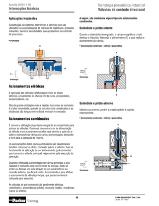 Tecnologia pneumática industrial
Válvulas de controle direcional

Apostila M1001-1 BR

Informações técnicas
Aplicações freqüentes

A seguir, são mostrados alguns tipos de acionamentos
combinados.

Substituição de sistemas eletrônicos e elétricos que são
utilizados na automatização de fábricas de explosivos, produtos
solventes, devido à sensibilidade que apresentam no controle
de processos.

Solenóide e piloto interno
Quando o solenóide é energizado, o campo magnético criado
desloca o induzido, liberando o piloto interno X, o qual realiza o
acionamento da válvula.

• Diafragma

• Acionamento combinado - elétrico e pneumático

12

D

10

Simbologia
Simbologia

Acionamentos elétricos
A operação das válvulas é efetuada por meio de sinais
elétricos, provenientes de chaves fim de curso, pressostatos,
temporizadores, etc.

X

Solenóide e piloto externo

São de grande utilização onde a rapidez dos sinais de comando
é o fator importante, quando os circuitos são complicados e as
distâncias são longas entre o local emissor e o receptor.

Idêntico ao anterior, porém a pressão piloto é suprida
externamente.

Acionamentos combinados

• Acionamento combinado - elétrico e pneumático
D

É comum a utilização da própria energia do ar comprimido para
acionar as válvulas. Podemos comunicar o ar de alimentação
da válvula a um acionamento auxiliar que permite a ação do ar
sobre o comando da válvula ou corta a comunicação, deixandoa livre para a operação de retorno.
Os acionamentos tidos como combinados são classificados
também como servo piloto, comando prévio e indireto. Isso se
fundamenta na aplicação de um acionamento (pré-comando)
que comanda a válvula principal, responsável pela execução da
operação.

12

Quando é efetuada a alimentação da válvula principal, a que
realizará o comando dos conversores de energia, pode-se
emitir ou desviar um sinal através de um canal interno ou
conexão externa, que ficará retido, direcionando-o para efetuar
o acionamento da válvula principal, que posteriormente é
colocada para exaustão.

Simbologia

As válvulas de pré-comando são geralmente elétricas
(solenóides), pneumáticas (piloto), manuais (botão), mecânicas
(came ou esfera).
48

Training

Parker Hannifin Ind. Com. Ltda.
Jacareí, SP - Brasil

 