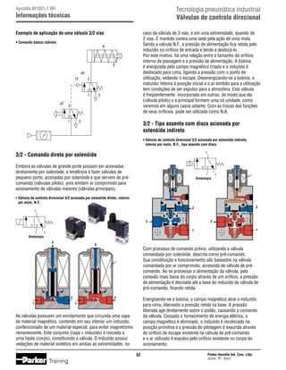 Tecnologia pneumática industrial
Válvulas de controle direcional

Apostila M1001-1 BR

Informações técnicas

caso da válvula de 3 vias, e em uma extremidade, quando de
2 vias. É mantido contra uma sede pela ação de uma mola.
Sendo a válvula N.F., a pressão de alimentação fica retida pelo
induzido no orifício de entrada e tende a deslocá-lo.
Por este motivo, há uma relação entre o tamanho do orifício
interno de passagem e a pressão de alimentação. A bobina
é energizada pelo campo magnético criado e o induzido é
deslocado para cima, ligando a pressão com o ponto de
utilização, vedando o escape. Desenergizando-se a bobina, o
induzido retoma à posição inicial e o ar emitido para a utilização
tem condições de ser expulso para a atmosfera. Esta válvula
é freqüentemente incorporada em outras, de modo que ela
(válvula piloto) e a principal formem uma só unidade, como
veremos em alguns casos adiante. Com as trocas das funções
de seus orifícios, pode ser utilizada como N.A.

Exemplo de aplicação de uma válvula 3/2 vias
• Comando básico indireto

A

a0
12 	

2

1	
a2

3

2

1	

3

3/2 - Tipo assento com disco acionada por
solenóide indireto
•	Válvula de controle direcional 3/2 acionada por solenóide indireto,
	 retorno por mola, N.F., tipo assento com disco
2

3/2 - Comando direto por solenóide
Embora as válvulas de grande porte possam ser acionadas
diretamente por solenóide, a tendência é fazer válvulas de
pequeno porte, acionadas por solenóide e que servem de précomando (válvulas piloto), pois emitem ar comprimido para
acionamento de válvulas maiores (válvulas principais).

1

3

Simbologia

•	Válvula de controle direcional 3/2 acionada por solenóide direto, retorno
	 por mola, N.F.

2
1

3

3

2

2
1

1

3

Simbologia
3

3

2
1

Com processo de comando prévio, utilizando a válvula
comandada por solenóide, descrita como pré-comando.
Sua constituição e funcionamento são baseados na válvula
comandada por ar comprimido, acrescida de válvula de précomando. Ao se processar a alimentação da válvula, pela
conexão mais baixa do corpo através de um orifício, a pressão
de alimentação é desviada até a base do induzido da válvula de
pré-comando, ficando retida.
2

Energizando-se a bobina, o campo magnético atrai o induzido
para cima, liberando a pressão retida na base. A pressão
liberada age diretamente sobre o pistão, causando o comando
da válvula. Cessado o fornecimento de energia elétrica, o
campo magnético é eliminado, o induzido é recolocado na
posição primitiva e a pressão de pilotagem é exaurida através
do orifício de escape existente na válvula de pré-comando
e o ar utilizado é expulso pelo orifício existente no corpo do
acionamento.

1

As válvulas possuem um enrolamento que circunda uma capa
de material magnético, contendo em seu interior um induzido,
confeccionado de um material especial, para evitar magnetismo
remanescente. Este conjunto (capa + induzido) é roscado a
uma haste (corpo), constituindo a válvula. O induzido possui
vedações de material sintético em ambas as extremidades, no
52

Training

Parker Hannifin Ind. Com. Ltda.
Jacareí, SP - Brasil

 