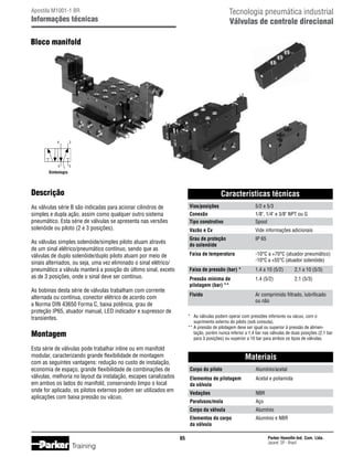 Tecnologia pneumática industrial
Válvulas de controle direcional

Apostila M1001-1 BR

Informações técnicas

Bloco manifold

2

4

5

1

3

Simbologia

Descrição

Características técnicas
Vias/posições	

Vide informações adicionais

Grau de proteção 	
do solenóide

IP 65

Faixa de temperatura	
		

-10°C a +70°C (atuador pneumático)
-10°C a +55°C (atuador solenóide)

Faixa de pressão (bar) *	

1,4 a 10 (5/2)	

2,1 a 10 (5/3)

Pressão mínima de	
pilotagem (bar) **

1,4 (5/2)	

2,1 (5/3)

Fluido	
		

As bobinas desta série de válvulas trabalham com corrente
alternada ou contínua, conector elétrico de acordo com
a Norma DIN 43650 Forma C, baixa potência, grau de
proteção IP65, atuador manual, LED indicador e supressor de
transientes.

1/8, 1/4 e 3/8 NPT ou G
Spool

Vazão e Cv	

As válvulas simples solenóide/simples piloto atuam através
de um sinal elétrico/pneumático contínuo, sendo que as
válvulas de duplo solenóide/duplo piloto atuam por meio de
sinais alternados, ou seja, uma vez eliminado o sinal elétrico/
pneumático a válvula manterá a posição do último sinal, exceto
as de 3 posições, onde o sinal deve ser contínuo.

5/2 e 5/3

Conexão	
Tipo construtivo	

As válvulas série B são indicadas para acionar cilindros de
simples e dupla ação, assim como qualquer outro sistema
pneumático. Esta série de válvulas se apresenta nas versões
solenóide ou piloto (2 e 3 posições).

Ar comprimido filtrado, lubrificado
ou não

*	 As válvulas podem operar com pressões inferiores ou vácuo, com o
	 suprimento externo do piloto (sob consuta).
**	A pressão de pilotagem deve ser igual ou superior à pressão de alimen	 tação, porém nunca inferior a 1,4 bar nas válvulas de duas posições (2,1 bar
	 para 3 posições) ou superior a 10 bar para ambos os tipos de válvulas.

Montagem
Esta série de válvulas pode trabalhar inline ou em manifold
modular, caracterizando grande flexibilidade de montagem
com as seguintes vantagens: redução no custo de instalação,
economia de espaço, grande flexibilidade de combinações de
válvulas, melhoria no layout da instalação, escapes canalizados
em ambos os lados do manifold, conservando limpo o local
onde for aplicado, os pilotos externos podem ser utilizados em
aplicações com baixa pressão ou vácuo.

Materiais
Corpo do piloto	
Elementos de pilotagem	
da válvula	

NBR

Parafusos/mola	

Aço

Corpo da válvula	

Alumínio

Elementos do corpo	
da válvula

Training

Acetal e poliamida

Vedações	

65

Alumínio/acetal

Alumínio e NBR

Parker Hannifin Ind. Com. Ltda.
Jacareí, SP - Brasil

 