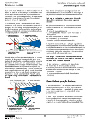 Tecnologia pneumática industrial
Componentes para vácuo

Apostila M1001-1 BR

Informações técnicas
Outra forma muito utilizada para se obter vácuo é por meio da
técnica do injetor de ar, uma derivação do efeito Venturi visto
acima. Nessa técnica, pressuriza-se um bico injetor com ar
comprimido e, nas proximidades do pórtico de descarga para
a atmosfera, constrói-se um orifício lateral perpendicular à
passagem do fluxo de ar pelo injetor.

Essa técnica, conhecida como tecnologia do vácuo, vem
crescendo dia após dia na indústria, tanto na manipulação de
peças como no transporte de materiais a serem trabalhados.
Seja qual for a aplicação, no projeto de um sistema de
vácuo, é importante serem observados os seguintes
aspectos:

O ar comprimido, fluindo a grande velocidade pelo injetor,
provoca um vácuo parcial no orifício lateral que, conectado à
atmosfera, fará com que o ar atmosférico penetre por ele em
direção à massa de ar que flui pelo injetor. A próxima figura
ilustra esquematicamente o funcionamento do bico injetor e o
vácuo parcial gerado no orifício lateral.
1 -	 O ar comprimido entra no
	
bico injetor pelo pórtico P

•	O efeito do ambiente sobre os componentes do sistema;
•	As forças necessárias para movimentação das peças ou
	 materiais;
•	O tempo de resposta do sistema;
•	A permeabilidade dos materiais a serem manipulados ou
	 transportados;
•	O modo como as peças ou materiais serão fixados;
•	A distância entre os componentes;
•	Os custos envolvidos na execução do projeto.

2 -	 E escapa para a atmosfera
	
através do pórtico de exaustão R

É importante destacar, ainda, que a aplicação segura dessa
tecnologia depende do dimensionamento correto das ventosas
e dos geradores de vácuo, em função do formato e do peso dos
corpos a serem manipulados ou transportados, bem como do
projeto exato dos circuitos pneumáticos e eletropneumáticos
que comandarão todo o sistema de vácuo.

4 -	 Por onde entra o ar atmosférico cuja
	
pressão é maior que a do vácuo
	
parcial gerado

3 -	 A massa de ar, fluindo de
	
P para R, provoca um vácuo
	
parcial no orifício A

Com relação à escolha correta dos componentes a serem
empregados num sistema de vácuo, deve-se considerar, de
um modo geral, a seguinte sequência:

Partindo desse princípio, se uma ventosa flexível for montada
no pórtico de vácuo parcial A, ao aproximá-la de um corpo
qualquer, de superfície lisa, a pressão atmosférica, agindo na
face externa da ventosa, fará com que a mesma se prenda
por sucção à superfície do corpo. Considerando-se que entre
a ventosa e a superfície do corpo há um vácuo parcial cuja
pressão é menor que a da atmosfera, a ventosa permanecerá
presa à superfície do corpo pela ação da pressão atmosférica,
enquanto houver vácuo, ou seja, durante o tempo em que
for mantido o fluxo de ar comprimido de P para R. A força
que suporta a carga é a relação entre a pressão e área da
ventosa.
1 -	 Enquanto o elemento gerador de vácuo
	
estiver sob pressão do ar comprimido…

•	O tipo, o tamanho e o posicionamento das ventosas;
•	O modelo ideal do elemento gerador de vácuo;
•	As válvulas pneumáticas de comando e controle do sistema;
•	As características construtivas e de utilização de tubos,
	 mangueiras e conexões;
•	O conjunto mecânico de sustentação das ventosas e
	 acessórios.

Capacidade de geração de vácuo

2 - Elemento gerador de vácuo
R

A principal característica a ser observada na escolha de um
elemento gerador pneumático de vácuo, para a realização
de um trabalho específico, é a capacidade de produzir vácuo
a uma determinada pressão e em um período de tempo
predeterminado.

P

A

A tabela a seguir apresenta as relações entre consumo de ar
comprimido e tempos de exaustão dos principais modelos
e tamanhos de elementos geradores pneumáticos de vácuo
disponíveis no mercado, trabalhando a uma pressão de 4 bar:

Ventosa

Peça

3 -	 A pressão atmosférica, agindo na
	
superfície externa da ventosa,
	
mantém a ventosa presa à peça

4 -	 … forma-se um vácuo entre a
	
ventosa e a peça

88

Training

Parker Hannifin Ind. Com. Ltda.
Jacareí, SP - Brasil

 