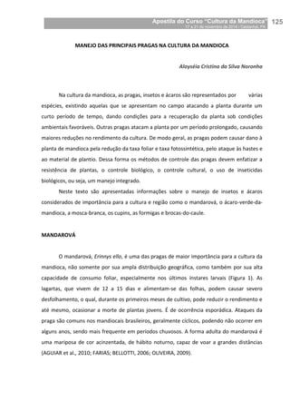 Apostila do Curso “Cultura da Mandioca”
17 a 21 de novembro de 2014 / Castanhal, PA_
_125
MANEJO DAS PRINCIPAIS PRAGAS NA CULTURA DA MANDIOCA
Aloyséia Cristina da Silva Noronha
Na cultura da mandioca, as pragas, insetos e ácaros são representados por várias
espécies, existindo aquelas que se apresentam no campo atacando a planta durante um
curto período de tempo, dando condições para a recuperação da planta sob condições
ambientais favoráveis. Outras pragas atacam a planta por um período prolongado, causando
maiores reduções no rendimento da cultura. De modo geral, as pragas podem causar dano à
planta de mandioca pela redução da taxa foliar e taxa fotossintética, pelo ataque às hastes e
ao material de plantio. Dessa forma os métodos de controle das pragas devem enfatizar a
resistência de plantas, o controle biológico, o controle cultural, o uso de inseticidas
biológicos, ou seja, um manejo integrado.
Neste texto são apresentadas informações sobre o manejo de insetos e ácaros
considerados de importância para a cultura e região como o mandarová, o ácaro-verde-da-
mandioca, a mosca-branca, os cupins, as formigas e brocas-do-caule.
MANDAROVÁ
O mandarová, Erinnys ello, é uma das pragas de maior importância para a cultura da
mandioca, não somente por sua ampla distribuição geográfica, como também por sua alta
capacidade de consumo foliar, especialmente nos últimos ínstares larvais (Figura 1). As
lagartas, que vivem de 12 a 15 dias e alimentam-se das folhas, podem causar severo
desfolhamento, o qual, durante os primeiros meses de cultivo, pode reduzir o rendimento e
até mesmo, ocasionar a morte de plantas jovens. É de ocorrência esporádica. Ataques da
praga são comuns nos mandiocais brasileiros, geralmente cíclicos, podendo não ocorrer em
alguns anos, sendo mais frequente em períodos chuvosos. A forma adulta do mandarová é
uma mariposa de cor acinzentada, de hábito noturno, capaz de voar a grandes distâncias
(AGUIAR et al., 2010; FARIAS; BELLOTTI, 2006; OLIVEIRA, 2009).
 