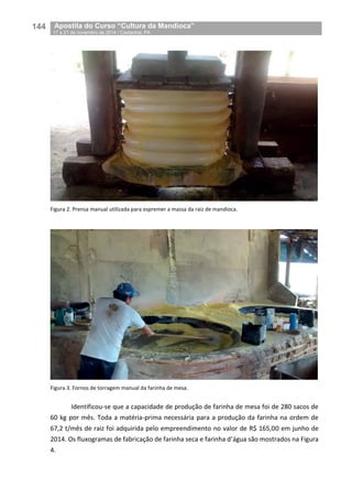 144__Apostila do Curso “Cultura da Mandioca”
_17 a 21 de novembro de 2014 / Castanhal, PA
Figura 2. Prensa manual utilizada para espremer a massa da raiz de mandioca.
Figura 3. Fornos de torragem manual da farinha de mesa.
Identificou-se que a capacidade de produção de farinha de mesa foi de 280 sacos de
60 kg por mês. Toda a matéria-prima necessária para a produção da farinha na ordem de
67,2 t/mês de raiz foi adquirida pelo empreendimento no valor de R$ 165,00 em junho de
2014. Os fluxogramas de fabricação de farinha seca e farinha d’água são mostrados na Figura
4.
 