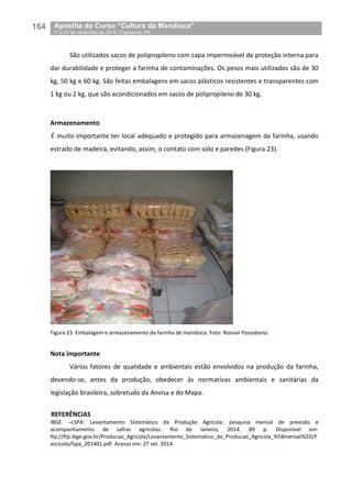 164__Apostila do Curso “Cultura da Mandioca”
_17 a 21 de novembro de 2014 / Castanhal, PA
São utilizados sacos de polipropileno com capa impermeável de proteção interna para
dar durabilidade e proteger a farinha de contaminações. Os pesos mais utilizados são de 30
kg, 50 kg e 60 kg. São feitas embalagens em sacos plásticos resistentes e transparentes com
1 kg ou 2 kg, que são acondicionados em sacos de polipropileno de 30 kg.
Armazenamento
É muito importante ter local adequado e protegido para armazenagem da farinha, usando
estrado de madeira, evitando, assim, o contato com solo e paredes (Figura 23).
Figura 23. Embalagem e armazenamento da farinha de mandioca. Foto: Rosival Possidonio.
Nota importante
Vários fatores de qualidade e ambientais estão envolvidos na produção da farinha,
devendo-se, antes da produção, obedecer às normativas ambientais e sanitárias da
legislação brasileira, sobretudo da Anvisa e do Mapa.
REFERÊNCIAS
IBGE. –LSPA: Levantamento Sistemático da Produção Agrícola: pesquisa mensal de previsão e
acompanhamento de safras agrícolas. Rio de Janeiro, 2014. 89 p. Disponível em:
ftp://ftp.ibge.gov.br/Producao_Agricola/Levantamento_Sistematico_da_Producao_Agricola_%5Bmensal%5D/F
asciculo/lspa_201401.pdf. Acesso em: 27 set. 2014.
 