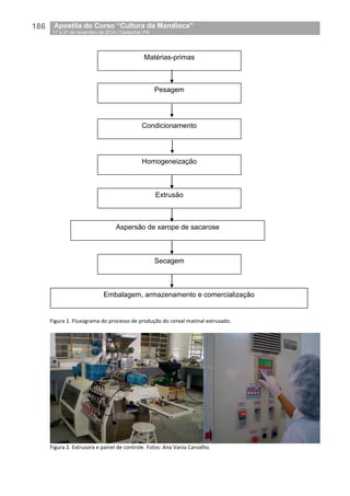 186__Apostila do Curso “Cultura da Mandioca”
_17 a 21 de novembro de 2014 / Castanhal, PA
Figura 1. Fluxograma do processo de produção do cereal matinal extrusado.
Figura 2. Extrusora e painel de controle. Fotos: Ana Vania Carvalho.
Matérias-primas
Pesagem
Condicionamento
Homogeneização
Secagem
Extrusão
Aspersão de xarope de sacarose
Embalagem, armazenamento e comercialização
 