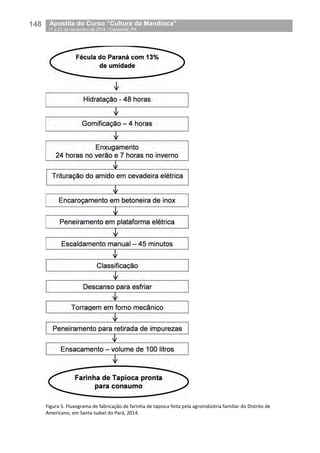 148__Apostila do Curso “Cultura da Mandioca”
_17 a 21 de novembro de 2014 / Castanhal, PA
Figura 5. Fluxograma de fabricação de farinha de tapioca feita pela agroindústria familiar do Distrito de
Americano, em Santa Isabel do Pará, 2014.
 