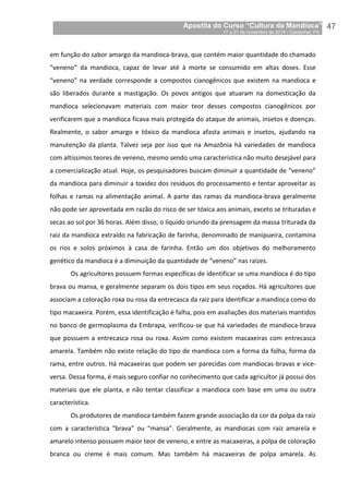 Apostila do Curso “Cultura da Mandioca”
17 a 21 de novembro de 2014 / Castanhal, PA_
_47
em função do sabor amargo da mandioca-brava, que contém maior quantidade do chamado
“veneno” da mandioca, capaz de levar até à morte se consumido em altas doses. Esse
“veneno” na verdade corresponde a compostos cianogênicos que existem na mandioca e
são liberados durante a mastigação. Os povos antigos que atuaram na domesticação da
mandioca selecionavam materiais com maior teor desses compostos cianogênicos por
verificarem que a mandioca ficava mais protegida do ataque de animais, insetos e doenças.
Realmente, o sabor amargo e tóxico da mandioca afasta animais e insetos, ajudando na
manutenção da planta. Talvez seja por isso que na Amazônia há variedades de mandioca
com altíssimos teores de veneno, mesmo sendo uma característica não muito desejável para
a comercialização atual. Hoje, os pesquisadores buscam diminuir a quantidade de “veneno”
da mandioca para diminuir a toxidez dos resíduos do processamento e tentar aproveitar as
folhas e ramas na alimentação animal. A parte das ramas da mandioca-brava geralmente
não pode ser aproveitada em razão do risco de ser tóxica aos animais, exceto se trituradas e
secas ao sol por 36 horas. Além disso, o líquido oriundo da prensagem da massa triturada da
raiz da mandioca extraído na fabricação de farinha, denominado de manipueira, contamina
os rios e solos próximos à casa de farinha. Então um dos objetivos do melhoramento
genético da mandioca é a diminuição da quantidade de “veneno” nas raízes.
Os agricultores possuem formas específicas de identificar se uma mandioca é do tipo
brava ou mansa, e geralmente separam os dois tipos em seus roçados. Há agricultores que
associam a coloração roxa ou rosa da entrecasca da raiz para identificar a mandioca como do
tipo macaxeira. Porém, essa identificação é falha, pois em avaliações dos materiais mantidos
no banco de germoplasma da Embrapa, verificou-se que há variedades de mandioca-brava
que possuem a entrecasca rosa ou roxa. Assim como existem macaxeiras com entrecasca
amarela. Também não existe relação do tipo de mandioca com a forma da folha, forma da
rama, entre outros. Há macaxeiras que podem ser parecidas com mandiocas-bravas e vice-
versa. Dessa forma, é mais seguro confiar no conhecimento que cada agricultor já possui dos
materiais que ele planta, e não tentar classificar a mandioca com base em uma ou outra
característica.
Os produtores de mandioca também fazem grande associação da cor da polpa da raiz
com a característica “brava” ou “mansa”. Geralmente, as mandiocas com raiz amarela e
amarelo intenso possuem maior teor de veneno, e entre as macaxeiras, a polpa de coloração
branca ou creme é mais comum. Mas também há macaxeiras de polpa amarela. As
 