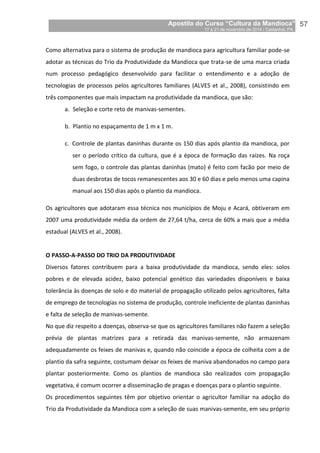 Apostila do Curso “Cultura da Mandioca”
17 a 21 de novembro de 2014 / Castanhal, PA_
_57
Como alternativa para o sistema de produção de mandioca para agricultura familiar pode-se
adotar as técnicas do Trio da Produtividade da Mandioca que trata-se de uma marca criada
num processo pedagógico desenvolvido para facilitar o entendimento e a adoção de
tecnologias de processos pelos agricultores familiares (ALVES et al., 2008), consistindo em
três componentes que mais impactam na produtividade da mandioca, que são:
a. Seleção e corte reto de manivas-sementes.
b. Plantio no espaçamento de 1 m x 1 m.
c. Controle de plantas daninhas durante os 150 dias após plantio da mandioca, por
ser o período crítico da cultura, que é a época de formação das raízes. Na roça
sem fogo, o controle das plantas daninhas (mato) é feito com facão por meio de
duas desbrotas de tocos remanescentes aos 30 e 60 dias e pelo menos uma capina
manual aos 150 dias após o plantio da mandioca.
Os agricultores que adotaram essa técnica nos municípios de Moju e Acará, obtiveram em
2007 uma produtividade média da ordem de 27,64 t/ha, cerca de 60% a mais que a média
estadual (ALVES et al., 2008).
O PASSO-A-PASSO DO TRIO DA PRODUTIVIDADE
Diversos fatores contribuem para a baixa produtividade da mandioca, sendo eles: solos
pobres e de elevada acidez, baixo potencial genético das variedades disponíveis e baixa
tolerância às doenças de solo e do material de propagação utilizado pelos agricultores, falta
de emprego de tecnologias no sistema de produção, controle ineficiente de plantas daninhas
e falta de seleção de manivas-semente.
No que diz respeito a doenças, observa-se que os agricultores familiares não fazem a seleção
prévia de plantas matrizes para a retirada das manivas-semente, não armazenam
adequadamente os feixes de manivas e, quando não coincide a época de colheita com a de
plantio da safra seguinte, costumam deixar os feixes de maniva abandonados no campo para
plantar posteriormente. Como os plantios de mandioca são realizados com propagação
vegetativa, é comum ocorrer a disseminação de pragas e doenças para o plantio seguinte.
Os procedimentos seguintes têm por objetivo orientar o agricultor familiar na adoção do
Trio da Produtividade da Mandioca com a seleção de suas manivas-semente, em seu próprio
 