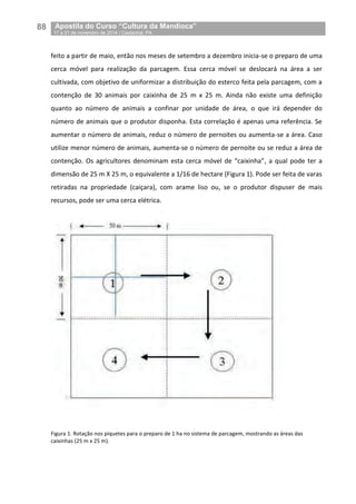 88__Apostila do Curso “Cultura da Mandioca”
_17 a 21 de novembro de 2014 / Castanhal, PA
feito a partir de maio, então nos meses de setembro a dezembro inicia-se o preparo de uma
cerca móvel para realização da parcagem. Essa cerca móvel se deslocará na área a ser
cultivada, com objetivo de uniformizar a distribuição do esterco feita pela parcagem, com a
contenção de 30 animais por caixinha de 25 m x 25 m. Ainda não existe uma definição
quanto ao número de animais a confinar por unidade de área, o que irá depender do
número de animais que o produtor disponha. Esta correlação é apenas uma referência. Se
aumentar o número de animais, reduz o número de pernoites ou aumenta-se a área. Caso
utilize menor número de animais, aumenta-se o número de pernoite ou se reduz a área de
contenção. Os agricultores denominam esta cerca móvel de “caixinha”, a qual pode ter a
dimensão de 25 m X 25 m, o equivalente a 1/16 de hectare (Figura 1). Pode ser feita de varas
retiradas na propriedade (caiçara), com arame liso ou, se o produtor dispuser de mais
recursos, pode ser uma cerca elétrica.
Figura 1. Rotação nos piquetes para o preparo de 1 ha no sistema de parcagem, mostrando as áreas das
caixinhas (25 m x 25 m).
 