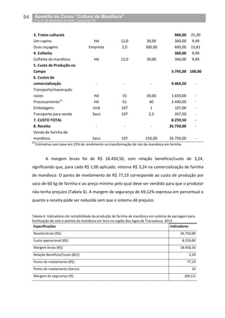 94__Apostila do Curso “Cultura da Mandioca”
_17 a 21 de novembro de 2014 / Castanhal, PA
3. Tratos culturais 960,00 25,30
Um capina Hd 12,0 30,00 360,00 9,49
Duas roçagens Empreita 2,0 300,00 600,00 15,81
4. Colheita 360,00 9,49
Colheita da mandioca Hd 12,0 30,00 360,00 9,49
5. Custo de Produção no
Campo 3.795,00 100,00
6. Custos de
comercialização - - - 4.464,50 -
Transporte/maceração
raízes Hd 55 30,00 1.650,00 -
Processamento(1)
Hd 61 40 2.440,00 -
Embalagens Und 107 1 107,00 -
Transporte para venda Saco 107 2,5 267,50 -
7. CUSTO TOTAL 8.259,50 -
8. Receita - - - 26.750,00 -
Venda de farinha de
mandioca Saco 107 250,00 26.750,00 -
(1)
Estimativa com base em 25% de rendimento na transformação de raiz de mandioca em farinha.
A margem bruta foi de R$ 18.450,50, com relação benefício/custo de 3,24,
significando que, para cada R$ 1,00 aplicado, retorna R$ 3,24 na comercialização de farinha
de mandioca. O ponto de nivelamento de R$ 77,19 corresponde ao custo de produção por
saco de 60 kg de farinha e ao preço mínimo pelo qual deve ser vendido para que o produtor
não tenha prejuízo (Tabela 6). A margem de segurança de 69,12% expressa em percentual o
quanto a receita pode ser reduzida sem que o sistema dê prejuízo.
Tabela 6. Indicadores de rentabilidade da produção de farinha de mandioca em sistema de parcagem para
fertilização do solo e plantio da mandioca em leira na região dos lagos de Tracuateua, 2013.
Especificações Indicadores
Receita bruta (R$) 26.750,00
Custo operacional (R$) 8.259,00
Margem bruta (R$) 18.450,50
Relação Benefício/Custo (B/C) 3,24
Ponto de nivelamento (R$) 77,19
Ponto de nivelamento (Sacos) 33
Margem de segurança (%) (69,12)
 
