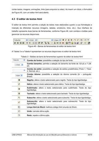 UAB-UFRGS Manual de introdução ao uso do Moodle para professores e tutores 45/76
conter textos, imagens, animações, links (para arquivos ou sites). Ao inserir um rótulo, o formulário
da Figura 45, com um editor html será aberto.
4.3 O editor de textos html
O editor de textos html permite a edição de textos mais elaborados quanto a sua formatação e
inserção de diferentes recursos (imagens, tabelas, emoticons, links, etc.). Sua interface de
trabalho apresenta duas barras de ferramentas, conforme Figura 46, com combos e botões para
gerenciar os recursos disponíveis.
Figura 46 – Barras de ferramentas do editor de textos html
A Tabela 3 e a Tabela 4 apresentam os recursos disponíveis no editor de textos html.
Tabela 3 – Botões da barra de ferramentas superior do editor de textos html
Combo de fontes: possibilita a seleção do tipo de fonte.
Combo tamanho: permite a seleção do tamanho da fonte de 1(8 pt) a 7 (36
pt).
Combo de estilo: possibilita a seleção de estilos predefinidos (Título 1, Título
2, Normal, etc.).
Combo idioma: possibilita a seleção do idioma corrente (br – português
Brasil).
Negrito: altera o texto selecionado para negrito. Tecla do tipo liga/desliga.
Itálico: altera o texto selecionado para itálico. Tecla do tipo liga/desliga.
Sublinhado: altera o texto selecionado para sublinhado. Tecla do tipo
liga/desliga.
Tachado: altera o texto selecionado para tachado. Tecla do tipo liga/desliga.
Subscrito: altera o texto selecionado para subscrito. Tecla do tipo liga/desliga.
Sobrescrito: altera o texto selecionado para sobrescrito. Tecla do tipo
liga/desliga.
Limpa html do Word: melhora código html oriundo do Word..
Undo: cancela última ação.
Redo: repete a última ação.
 