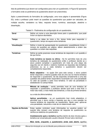 UAB-UFRGS Manual de introdução ao uso do Moodle para professores e tutores 62/76
lista de parâmetros que devem ser configurados para criar um questionário. A Figura 62 apresenta
o formulário onde os parâmetros do questionário devem ser preenchidos.
Após o preenchimento do formulário de configuração, uma nova página é apresentada (Figura
63), onde o professor pode inserir as questões do questionário que podem ser calculado, de
múltipla escolha, verdadeiro ou falso, resposta breve, numérica, associação, aleatória e
dissertação.
Tabela 9 – Parâmetros de configuração de um questionário.
Geral Define um nome e uma descrição breve para o questionário, que pode
incluir os tópicos abordados.
Tempo Define a as datas de início e fim, tempo limite para responder o
questionário, tempo de espera entre tentativas.
Visualização Define o modo de apresentação do questionário, possibilitando limitar o
número de questões por página, alterar aleatoriamente a ordem das
questões e a ordem das respostas.
Tentativas Define se serão possíveis novas tentativas de responder a um questão e
de que forma:
Cada tentativa se baseia na última - Se for permitida mais de uma
tentativa de realização do questionário então o professor decide se o
aluno poderá completar o questionário em mais de uma etapa (da
segunda vez em diante o sistema mostrará as respostas das tentativas
anteriores) ou se a cada tentativa o questionário deverá ser
completamente respondido.
Modo adaptativo - na opção Sim para este campo, o aluno poderá
tentar responder a mesma questão mais de uma vez na mesma tentativa
de responder o questionário. Se ele respondeu erradamente a uma das
questões ele poderá tentar respondê-la novamente com uma penalidade
no valor da questão a cada nova tentativa. O valor da penalidade é
estabelecido no campo Notas.
Notas Método de avaliação - sendo permitida mais de uma tentativa de
responder o questionário o professor decide qual será a nota final: a
maior das notas, a nota média das tentativas, a nota da primeira tentativa
ou a nota da última tentativa.
Aplicar penalidades - se um questionário tiver modo adaptativo, é
permitido que o aluno corrija a resposta que deu a uma questão na
mesma tentativa de responder ao questionário. Neste caso, aplica-se
uma penalidade, reduzindo a note de um determinado valor.
Opções de Revisão Estas opções controlam quais informações os usuários podem ver
quando eles revisam uma tentativa de resposta do questionário ou
verifica os relatórios do questionário:
Imediatamente após a tentativa significa dentro de dois minutos após a
tentativa ser encerrada pelo usuário clicando 'Enviar tudo e terminar';
Mais tarde, enquanto o questionário ainda está aberto significa
 