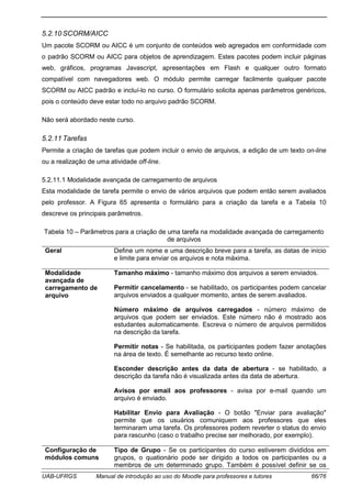UAB-UFRGS Manual de introdução ao uso do Moodle para professores e tutores 66/76
5.2.10 SCORM/AICC
Um pacote SCORM ou AICC é um conjunto de conteúdos web agregados em conformidade com
o padrão SCORM ou AICC para objetos de aprendizagem. Estes pacotes podem incluir páginas
web, gráficos, programas Javascript, apresentações em Flash e qualquer outro formato
compatível com navegadores web. O módulo permite carregar facilmente qualquer pacote
SCORM ou AICC padrão e incluí-lo no curso. O formulário solicita apenas parâmetros genéricos,
pois o conteúdo deve estar todo no arquivo padrão SCORM.
Não será abordado neste curso.
5.2.11 Tarefas
Permite a criação de tarefas que podem incluir o envio de arquivos, a edição de um texto on-line
ou a realização de uma atividade off-line.
5.2.11.1 Modalidade avançada de carregamento de arquivos
Esta modalidade de tarefa permite o envio de vários arquivos que podem então serem avaliados
pelo professor. A Figura 65 apresenta o formulário para a criação da tarefa e a Tabela 10
descreve os principais parâmetros.
Tabela 10 – Parâmetros para a criação de uma tarefa na modalidade avançada de carregamento
de arquivos
Geral Define um nome e uma descrição breve para a tarefa, as datas de início
e limite para enviar os arquivos e nota máxima.
Modalidade
avançada de
carregamento de
arquivo
Tamanho máximo - tamanho máximo dos arquivos a serem enviados.
Permitir cancelamento - se habilitado, os participantes podem cancelar
arquivos enviados a qualquer momento, antes de serem avaliados.
Número máximo de arquivos carregados - número máximo de
arquivos que podem ser enviados. Este número não é mostrado aos
estudantes automaticamente. Escreva o número de arquivos permitidos
na descrição da tarefa.
Permitir notas - Se habilitada, os participantes podem fazer anotações
na área de texto. É semelhante ao recurso texto online.
Esconder descrição antes da data de abertura - se habilitado, a
descrição da tarefa não é visualizada antes da data de abertura.
Avisos por email aos professores - avisa por e-mail quando um
arquivo é enviado.
Habilitar Envio para Avaliação - O botão "Enviar para avaliação"
permite que os usuários comuniquem aos professores que eles
terminaram uma tarefa. Os professores podem reverter o status do envio
para rascunho (caso o trabalho precise ser melhorado, por exemplo).
Configuração de
módulos comuns
Tipo de Grupo - Se os participantes do curso estiverem divididos em
grupos, o quationário pode ser dirigido a todos os participantes ou a
membros de um determinado grupo. Também é possível definir se os
 
