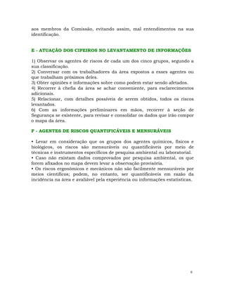 6
aos membros da Comissão, evitando assim, mal entendimentos na sua
identificação.
E - ATUAÇÃO DOS CIPEIROS NO LEVANTAMENTO DE INFORMAÇÕES
1) Observar os agentes de riscos de cada um dos cinco grupos, segundo a
sua classificação.
2) Conversar com os trabalhadores da área expostos a esses agentes ou
que trabalham próximos deles.
3) Obter opiniões e informações sobre como podem estar sendo afetados.
4) Recorrer à chefia da área se achar conveniente, para esclarecimentos
adicionais.
5) Relacionar, com detalhes possíveis de serem obtidos, todos os riscos
levantados.
6) Com as informações preliminares em mãos, recorrer à seção de
Segurança se existente, para revisar e consolidar os dados que irão compor
o mapa da área.
F - AGENTES DE RISCOS QUANTIFICÁVEIS E MENSURÁVEIS
• Levar em consideração que os grupos dos agentes químicos, físicos e
biológicos, os riscos são mensuráveis ou quantificáveis por meio de
técnicas e instrumentos específicos de pesquisa ambiental ou laboratorial.
• Caso não existam dados comprovados por pesquisa ambiental, os que
forem afixados no mapa devem levar a observação provisória.
• Os riscos ergonômicos e mecânicos não são facilmente mensuráveis por
meios científicos; podem, no entanto, ser quantificáveis em razão da
incidência na área e avaliável pela experiência ou informações estatísticas.
 