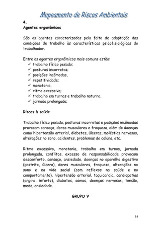 4.
Agentes ergonômicos
São os agentes caracterizados pela falta de adaptação das
condições de trabalho às características psicofisiológicas do
trabalhador.
Entre os agentes ergonômicos mais comuns estão:
 trabalho físico pesado;
 posturas incorretas;
 posições incômodas,
 repetitividade;
 monotonia,
 ritmo excessivo;
 trabalho em turnos e trabalho noturno,
 jornada prolongada;
Riscos à saúde
Trabalho físico pesado, posturas incorretas e posições incômodas
provocam cansaço, dores musculares e fraqueza, além de doenças
como hipertensão arterial, diabetes, úlceras, moléstias nervosas,
alterações no sono, acidentes, problemas de coluna, etc.
Ritmo excessivo, monotonia, trabalho em turnos, jornada
prolongada, conflitos, excesso de responsabilidade provocam
desconforto, cansaço, ansiedade, doenças no aparelho digestivo
(gastrite, úlcera), dores musculares, fraqueza, alterações no
sono e na vida social (com reflexos na saúde e no
comportamento), hipertensão arterial, taquicardia, cardiopatias
(angina, infarto), diabetes, asmas, doenças nervosas, tensão,
medo, ansiedade.
GRUPO V
14
 