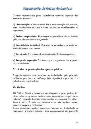 0 risco representado pelas substâncias químicas depende dos
seguintes fatores:
a) Concentração: Quanto maior for a concentração do produto,
mais rapidamente os seus efeitos nocivos se manifestarão no
organismo.
b) Índice respiratório: Representa a quantidade de ar inalado
pelo trabalhador durante a jornada.
c) Sensibilidade individual: É o nível de resistência de cada um.
varia de pessoa para pessoa.
d) Toxicidade: É o potencial tóxico da substância no organismo.
e) Tempo de exposição: É o tempo que o organismo fica exposto
ao contaminante.
5.1.3 Vias de penetração dos agentes químicos
0 agente químico pode penetrar no trabalhador pela pele (via
cutânea), pela boca e estômago (via digestiva) e pelo nariz e
pulmões (via respiratória).
Via Cutânea
Os ácidos, álcalis e solventes, ao atingirem a pele, podem ser
absorvidos ou provocar lesões como caroços ou chagas (acne
química), podendo também comprometer as mucosas dos olhos,
boca e nariz. A soda em escamas e os pós também podem
penetrar na pele e contaminar.
Esses problemas podem acontecer quando os trabalhadores
manipulam produtos químicos sem equipamentos de proteção
19
 