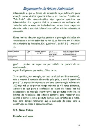 intensidade e que o tempo de exposição seja suficiente para
atuação nociva destes agentes sobre o ser humano. "Limites de
Tolerância" são concentrações dos agentes químicos ou
intensidades dos agentes físicos presentes no ambiente de
trabalho sob as quais os trabalhadores podem ficar expostos
durante toda a sua vida laboral sem sofrer efeitos adversos à
sua saúde.
Estes limites têm por objetivo garantir a proteção da saúde do
trabalhador e estão definidos na NR 15 da Portaria n0 3.214178
do Ministério do Trabalho, Ex.: quadro nº 1 da NR 1 5 Anexo nº
11.
Agentes Químicos Valor Absorção também Até 48 Grau de a insalubridade a
teto pela pele horas/semana ser considerado no caso
PPM* mg/m3 de sua caracterização.
Álcool Metílico + 156 200 máximo
(metanol)
Álcool n-propílico + 156 390 médio
ppm* partes de vapor ou por milhão de partes de ar
contaminado.
mg/m 3 miligramas por metro cúbico de ar.
Isto significa, por exemplo, no caso do álcool metílico (metanol),
que o mesmo é também absorvido pela pele, e que é permitido
pelo LT, a exposição ao produto até uma concentração máxima de
200 mg/ m3 de ar por um tempo máximo de 48 horas semanais.
Saliente se que para a confecção do Mapa de Riscos não há
necessidade da medição quantitativa dos produtos químicos, os
limites de tolerância são citados somente cara ressaltar que
apenas o contato com o produto químico não caracteriza o risco.
Não será demais relembrar que a avaliação do risco para a
construção do mapa é apenas sensitiva.
5.2. Riscos Físicos
Pressões extremas
25
 