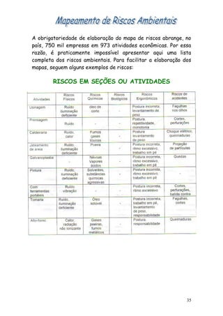 A obrigatoriedade de elaboração do mapa de riscos abrange, no
país, 750 mil empresas em 973 atividades econômicas. Por essa
razão, é praticamente impossível apresentar aqui uma lista
completa dos riscos ambientais. Para facilitar a elaboração dos
mapas, seguem alguns exemplos de riscos:
RISCOS EM SEÇÕES OU ATIVIDADES
35
 