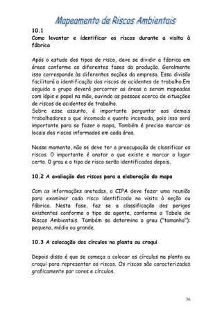 10.1
Como levantar e identificar os riscos durante a visita à
fábrica
Após o estudo dos tipos de risco, deve se dividir a fábrica em
áreas conforme as diferentes fases da produção. Geralmente
isso corresponde às diferentes seções da empresa. Essa divisão
facilitará a identificação dos riscos de acidentes de trabalho.Em
seguida o grupo deverá percorrer as áreas a serem mapeadas
com lápis e papel na mão, ouvindo as pessoas acerca de situações
de riscos de acidentes de trabalho.
Sobre esse assunto, é importante perguntar aos demais
trabalhadores o que incomoda e quanto incomoda, pois isso será
importante para se fazer o mapa, Também é preciso marcar os
locais dos riscos informados em cada área.
Nesse momento, não se deve ter a preocupação de classificar os
riscos. 0 importante é anotar o que existe e marcar o lugar
certo. 0 grau e o tipo de risco serão identificados depois.
10.2 A avaliação dos riscos para a elaboração do mapa
Com as informações anotadas, a CIPA deve fazer uma reunião
para examinar cada risco identificado na visita à seção ou
fábrica. Nesta fase, faz se a classificação dos perigos
existentes conforme o tipo de agente, conforme a Tabela de
Riscos Ambientais. Também se determina o grau ("tamanho"):
pequeno, médio ou grande.
10.3 A colocação dos círculos na planta ou croqui
Depois disso é que se começa a colocar os círculos na planta ou
croqui para representar os riscos. Os riscos são caracterizados
graficamente por cores e círculos.
36
 