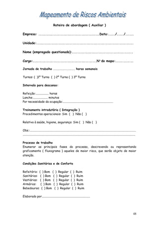 Roteiro de abordagem ( Auxiliar )
Empresa: ............................................Data:...../...../......
Unidade:......................................................................
Nome (empregado questionado):............................................
Cargo:..............................................Nº do mapa:.............
Jornada de trabalho ................. horas semanais
Turnos: ( )1º Turno ( ) 2º Turno ( ) 3º Turno
Intervalo para descanso:
Refeição:.................. horas
Lanche:.................... minutos
Por necessidade da ocupação:.....................................................................
Treinamento introdutória ( Integração )
Procedimentos operacionais: Sim ( ) Não ( )
Relativo à saúde, higiene, segurança: Sim ( ) Não ( )
Obs.:.................................................................................................................................................
..........................................................................................................................................................
Processo de trabalho
Enumerar as principais fases do processo, descrevendo ou representando
graficamente ( fluxograma ) aqueles de maior risco, que serão objeto de maior
atenção.
Condições Sanitárias e de Conforto
Refeitório: ( ) Bom ( ) Regular ( ) Ruim
Sanitários: ( ) Bom ( ) Regular ( ) Ruim
Vestiários: ( ) Bom ( ) Regular ( ) Ruim
Armários: ( ) Bom ( ) Regular ( ) Ruim
Bebedouros: ( ) Bom ( ) Regular ( ) Ruim
Elaborado por..................................................................
48
 