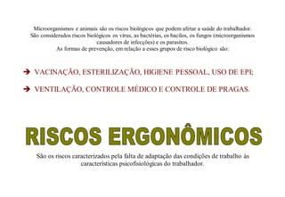 Microorganismos e animais são os riscos biológicos que podem afetar a saúde do trabalhador.
São considerados riscos biológicos os vírus, as bactérias, os bacilos, os fungos (microorganismos
causadores de infecções) e os parasitos.
As formas de prevenção, em relação a esses grupos de risco biológico são:
 VACINAÇÃO, ESTERILIZAÇÃO, HIGIENE PESSOAL, USO DE EPI;
 VENTILAÇÃO, CONTROLE MÉDICO E CONTROLE DE PRAGAS.
São os riscos caracterizados pela falta de adaptação das condições de trabalho às
características psicofisiológicas do trabalhador.
 