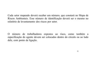 Cada setor mapeado deverá receber um número, que constará no Mapa de
Riscos Ambientais. Esse número de identificação deverá ser o mesmo no
relatório de levantamento dos riscos por setor.
O número de trabalhadores expostos ao risco, como também a
especificação do agente devem ser colocados dentro do círculo ou ao lado
dele, com ponto de ligação.
18
 