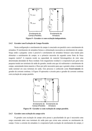 Figura 9 - Gerador cc com excitação independente. 
2.4.2 Gerador com Excitação de Campo Paralelo 
Nesta configuração o enrolamento de campo é conectado em paralelo com o enrolamento de 
armadura. O enrolamento de armadura fornece a alimentação necessária ao enrolamento de campo. 
Surge então a pergunta: como é possível o enrolamento de armadura fornecer uma tensão para 
alimentar o enrolamento de campo, se o primeiro necessita do segundo como fonte de força 
magneto motriz? A resposta reside na capacidade do material ferromagnético de reter uma 
determinada densidade de fluxo residual. Este magnetismo residual é o responsável por gerar uma 
pequena tensão nos terminais de saída do gerador, tensão esta que irá realimentar o enrolamento de 
campo, aumentando desta maneira o fluxo por pólo necessário para que o gerador atinja a tensão de 
saída nominal em seus terminais de saída. Este processo é conhecido como Escorvamento do 
gerador de corrente contínua. A Figura 10 apresenta o circuito para o gerador de corrente contínua 
com excitação de campo paralelo. 
Figura 10 - Gerador cc com excitação de campo paralelo. 
2.4.3 Gerador com excitação de campo série 
O gerador com excitação de campo série possui a peculiaridade de que é necessária uma 
carga conectada entre seus terminais de saída para que exista uma corrente no enrolamento de 
campo. Como a corrente de armadura é a responsável pela excitação do enrolamento de campo, é 
 