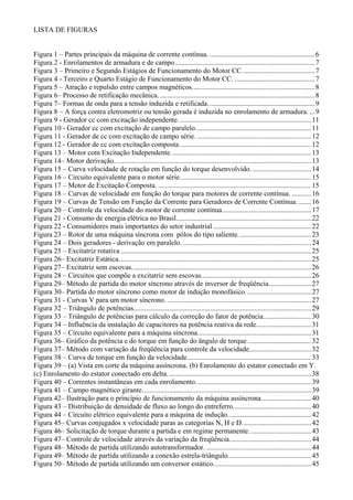 LISTA DE FIGURAS 
Figura 1 – Partes principais da máquina de corrente contínua. ........................................................... 6 
Figura 2 - Enrolamentos de armadura e de campo. .............................................................................. 7 
Figura 3 – Primeiro e Segundo Estágios de Funcionamento do Motor CC. ........................................ 7 
Figura 4 - Terceiro e Quarto Estágio de Funcionamento do Motor CC. ............................................. 7 
Figura 5 – Atração e repulsão entre campos magnéticos. .................................................................... 8 
Figura 6– Processo de retificação mecânica. ....................................................................................... 8 
Figura 7– Formas de onda para a tensão induzida e retificada. ........................................................... 9 
Figura 8 – A força contra eletromotriz ou tensão gerada é induzida no enrolamento de armadura. ... 9 
Figura 9 - Gerador cc com excitação independente. .......................................................................... 11 
Figura 10 - Gerador cc com excitação de campo paralelo. ................................................................ 11 
Figura 11 - Gerador de cc com excitação de campo série. ................................................................ 12 
Figura 12 - Gerador de cc com excitação composta. ......................................................................... 12 
Figura 13 – Motor com Excitação Independente. .............................................................................. 13 
Figura 14– Motor derivação. .............................................................................................................. 13 
Figura 15 – Curva velocidade de rotação em função do torque desenvolvido. ................................. 14 
Figura 16 – Circuito equivalente para o motor série. ......................................................................... 15 
Figura 17 – Motor de Excitação Composta. ...................................................................................... 15 
Figura 18 – Curvas de velocidade em função do torque para motores de corrente contínua. ........... 16 
Figura 19 – Curvas de Tensão em Função da Corrente para Geradores de Corrente Contínua. ....... 16 
Figura 20 – Controle da velocidade do motor de corrente contínua. ................................................. 17 
Figura 21 - Consumo de energia elétrica no Brasil. ........................................................................... 22 
Figura 22 - Consumidores mais importantes do setor industrial ....................................................... 22 
Figura 23 – Rotor de uma máquina síncrona com pólos do tipo saliente. ........................................ 23 
Figura 24 – Dois geradores - derivação em paralelo. ........................................................................ 24 
Figura 25 – Excitatriz rotativa ........................................................................................................... 25 
Figura 26– Excitatriz Estática. ........................................................................................................... 25 
Figura 27– Excitatriz sem escovas. .................................................................................................... 26 
Figura 28 – Circuitos que compõe a excitatriz sem escovas.............................................................. 26 
Figura 29– Método de partida do motor síncrono através de inversor de freqüência. ....................... 27 
Figura 30– Partida do motor síncrono como motor de indução monofásico. .................................... 27 
Figura 31 - Curvas V para um motor síncrono. ................................................................................. 27 
Figura 32 – Triângulo de potências.................................................................................................... 29 
Figura 33 – Triângulo de potências para cálculo da correção do fator de potência. .......................... 30 
Figura 34 – Influência da instalação de capacitores na potência reativa da rede. .............................. 31 
Figura 35 – Circuito equivalente para a máquina síncrona. ............................................................... 31 
Figura 36– Gráfico da potência e do torque em função do ângulo de torque. ................................... 32 
Figura 37– Método com variação da freqüência para controle da velocidade. .................................. 32 
Figura 38 – Curva de torque em função da velocidade. ..................................................................... 33 
Figura 39 – (a) Vista em corte da máquina assíncrona. (b) Enrolamento do estator conectado em Y. 
(c) Enrolamento do estator conectado em delta. ................................................................................ 38 
Figura 40 – Correntes instantâneas em cada enrolamento. ................................................................ 39 
Figura 41 – Campo magnético girante. .............................................................................................. 39 
Figura 42– Ilustração para o princípio de funcionamento da máquina assíncrona. ........................... 40 
Figura 43 – Distribuição de densidade de fluxo ao longo do entreferro. ........................................... 40 
Figura 44 – Circuito elétrico equivalente para a máquina de indução. .............................................. 42 
Figura 45– Curvas conjugados x velocidade paras as categorias N, H e D. ...................................... 42 
Figura 46– Solicitação de torque durante a partida e em regime permanente. .................................. 43 
Figura 47– Controle de velocidade através da variação da freqüência. ............................................. 44 
Figura 48– Método de partida utilizando autotransformador. ........................................................... 44 
Figura 49– Método de partida utilizando a conexão estrela-triângulo. .............................................. 45 
Figura 50– Método de partida utilizando um conversor estático. ...................................................... 45 
 