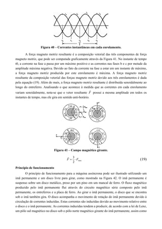Figura 40 – Correntes instantâneas em cada enrolamento. 
A força magneto motriz resultante é a composição vetorial das três componentes de força 
magneto motriz, que pode ser computada graficamente através da Figura 41. No instante de tempo 
t0, a corrente na fase a passa por um máximo positivo e as correntes nas fases b e c por metade da 
amplitude máxima negativa. Devido ao fato da corrente na fase a estar em um instante de máximo, 
a força magneto motriz produzida por este enrolamento é máxima. A força magneto motriz 
resultante da composição vetorial das forças magneto motriz devido aos três enrolamentos é dada 
pela equação (19). Além do mais, a força magneto motriz resultante é distribuída senoidalmente ao 
longo do entreferro. Analisando o que acontece à medida que as correntes em cada enrolamento 
variam senoidalmente, nota-se que o vetor resultante F 
 
possui a mesma amplitude em todos os 
instantes de tempo, mas ele gira em sentido anti-horário. 
Figura 41 – Campo magnético girante. 
 (19) 
F  3  F 
2 max 
Princípio de funcionamento 
O princípio de funcionamento para a máquina assíncrona pode ser ilustrado utilizando um 
imã permanente e um disco livre para girar, como mostrado na Figura 42. O imã permanente é 
suspenso sobre um disco metálico, preso por um pino em um mancal de ferro. O fluxo magnético 
produzido pelo imã permanente flui através do circuito magnético série composto pelo imã 
permanente, os entreferros e a placa de ferro. Ao girar o imã permanente, o disco que se encontra 
sob o imã também gira. O disco acompanha o movimento de rotação do imã permanente devido à 
circulação de correntes induzidas. Estas correntes são induzidas devido ao movimento relativo entre 
o disco e o imã permanente. As correntes induzidas tendem a produzir, de acordo com a lei de Lenz, 
um pólo sul magnético no disco sob o pólo norte magnético girante do imã permanente, assim como 
 