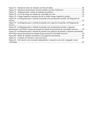 Figura 51– Partida de motor de indução com fase dividida. .............................................................. 46 
Figura 52– Eficiência nominal para motores padrão e de alto rendimento. ...................................... 50 
Figura 53 – Diagrama para o motor de indução monofásico. ............................................................ 56 
Figura 54– Curva de torque em função da velocidade do rotor. ........................................................ 56 
Figura 55– Campo magnético pulsante devido ao duplo campo magnético girante. ........................ 57 
Figura 56– (a) Diagrama para o método de partida com enrolamento auxiliar. (b) Diagrama de 
Fasores. .............................................................................................................................................. 58 
Figura 57– (a) Diagrama para o método de partida com capacitor de partida. (b) Diagrama de 
Fasores. .............................................................................................................................................. 59 
Figura 58– (a) Diagrama para o método de partida com enrolamento auxiliar e capacitor 
permanentes. (b) Gráfico torque percentual em função do percentual da velocidade síncrona. ........ 59 
Figura 59- (a) Diagrama para o método de partida com capacitor de partida e capacitor permanente. 
(b) Gráfico torque percentual em função do percentual da velocidade síncrona. .............................. 59 
Figura 60– Motor de indução monofásico com capacitor permanente. ............................................. 60 
Figura 61– Conjunto servomotor e servoconversor. .......................................................................... 61 
Figura 62– Servomotor com excitação independente e respectiva curva de conjugado versus 
velocidade. ......................................................................................................................................... 62 
 