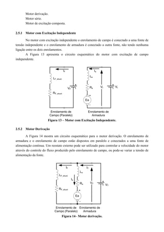 Motor derivação.
Motor série.
Motor de excitação composta.
2.5.1 Motor com Excitação Independente
No motor com excitação independente o enrolamento de campo é conectado a uma fonte de
tensão independente e o enrolamento de armadura é conectado a outra fonte, não tendo nenhuma
ligação entre os dois enrolamentos.
A Figura 13 apresenta o circuito esquemático do motor com excitação de campo
independente.
Figura 13 – Motor com Excitação Independente.
2.5.2 Motor Derivação
A Figura 14 mostra um circuito esquemático para o motor derivação. O enrolamento de
armadura e o enrolamento de campo estão dispostos em paralelo e conectados a uma fonte de
alimentação contínua. Um reostato externo pode ser utilizado para controlar a velocidade do motor
através do controle do fluxo produzido pelo enrolamento de campo, ou pode-se variar a tensão de
alimentação da fonte.
Figura 14– Motor derivação.
 