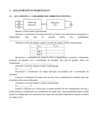3 AULAS PRÁTICAS MÁQUINAS CC
3.1 AULA PRÁTICA 1 : GERADORES DE CORRENTE CONTÍNUA
Montar o circuito acima esquematizado.
Alimentar o enrolamento de campo derivação ou “shunt” com uma fonte de alimentação cc
independente. Que tipo de gerador utiliza esta configuração:
____________________________________________________________
Alimentar o motor de indução, regular a corrente de campo e medir a tensão gerada.
Icampo Vgerada
0
0,06 A
0,08 A
Desconectar o enrolamento de campo da fonte cc independente e conectar o enrolamento
derivação em paralelo com o enrolamento de armadura. Que tipo de gerador utiliza esta
configuração: _________________________________
Alimentar o motor de indução e medir a tensão gerada.
VG = __________ V
Desconectar o enrolamento de campo derivação em paralelo com o enrolamento de
armadura.
Conectar o enrolamento de campo série em série com o enrolamento de armadura. Que tipo
de gerador utiliza esta configuração: __________________
Alimentar o motor de indução e medir a tensão gerada.
VG = __________ V
Explicar a diferença nos valores para as tensões geradas nas três configurações. Por que a
tensão gerada na configuração com enrolamento de campo série é aproximadamente igual à tensão
gerada na configuração com enrolamento de campo com excitação independente quando a corrente
de campo é zero?
 