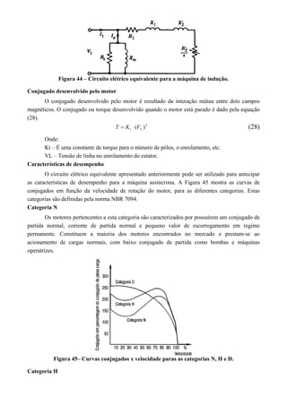 Figura 44 – Circuito elétrico equivalente para a máquina de indução.
Conjugado desenvolvido pelo motor
O conjugado desenvolvido pelo motor é resultado da interação mútua entre dois campos
magnéticos. O conjugado ou torque desenvolvido quando o motor está parado é dado pela equação
(28).
2
)( Lt VKT  (28)
Onde:
Kt – É uma constante de torque para o número de pólos, o enrolamento, etc.
VL – Tensão de linha no enrolamento do estator.
Características de desempenho
O circuito elétrico equivalente apresentado anteriormente pode ser utilizado para antecipar
as características de desempenho para a máquina assíncrona. A Figura 45 mostra as curvas de
conjugados em função da velocidade de rotação do motor, para as diferentes categorias. Estas
categorias são definidas pela norma NBR 7094.
Categoria N
Os motores pertencentes a esta categoria são caracterizados por possuírem um conjugado de
partida normal, corrente de partida normal e pequeno valor de escorregamento em regime
permanente. Constituem a maioria dos motores encontrados no mercado e prestam-se ao
acionamento de cargas normais, com baixo conjugado de partida como bombas e máquinas
operatrizes.
Figura 45– Curvas conjugados x velocidade paras as categorias N, H e D.
Categoria H
 