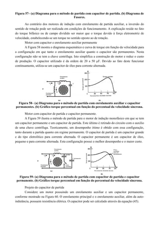Figura 57– (a) Diagrama para o método de partida com capacitor de partida. (b) Diagrama de
Fasores.
Ao contrário dos motores de indução com enrolamento de partida auxiliar, a inversão do
sentido de rotação pode ser realizada em condições de funcionamento. A explicação reside no fato
do torque bifásico ou de campo dividido ser maior que o torque devido à força eletromotriz de
velocidade, estabelecendo-se um torque no sentido oposto ao de rotação.
Motor com capacitor e enrolamento auxiliar permanente
A Figura 58 mostra o diagrama esquemático e curva de torque em função da velocidade para
a configuração em que tanto o enrolamento auxiliar quanto o capacitor são permanentes. Nesta
configuração não se tem a chave centrífuga. Isto simplifica a construção do motor e reduz o custo
de produção. O capacitor utilizado é da ordem de 20 a 50 µF. Devido ao fato deste funcionar
continuamente, utiliza-se um capacitor de óleo para corrente alternada.
Figura 58– (a) Diagrama para o método de partida com enrolamento auxiliar e capacitor
permanentes. (b) Gráfico torque percentual em função do percentual da velocidade síncrona.
Motor com capacitor de partida e capacitor permanente.
A Figura 59 ilustra o método de partida para o motor de indução monofásico em que se tem
um capacitor permanente e um capacitor de partida. Este último é retirado do circuito com o auxilio
de uma chave centrífuga. Teoricamente, um desempenho ótimo é obtido com essa configuração,
tanto durante a partida quanto em regime permanente. O capacitor de partida é um capacitor grande
e do tipo eletrolítico para corrente alternada. O capacitor permanente é um capacitor de óleo,
pequeno e para corrente alternada. Esta configuração possui o melhor desempenho e o maior custo.
Figura 59- (a) Diagrama para o método de partida com capacitor de partida e capacitor
permanente. (b) Gráfico torque percentual em função do percentual da velocidade síncrona.
Projeto do capacitor de partida
Considere um motor possuindo um enrolamento auxiliar e um capacitor permanente,
conforme mostrado na Figura 60. O enrolamento principal e o enrolamento auxiliar, além da auto-
indutância, possuem resistência elétrica. O capacitor pode ser calculado através da equação (45).
 