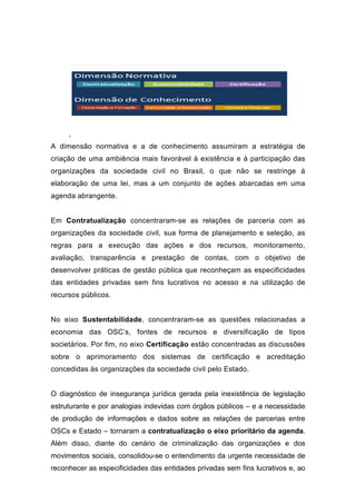 ,
A dimensão normativa e a de conhecimento assumiram a estrat
criação de uma ambiência mais favorável à existência e à participação das
organizações da sociedade civil no Brasil, o que não se restringe
elaboração de uma lei, mas a um conjunto de ações abarcadas em uma
agenda abrangente.
Em Contratualização
organizações da sociedade civil, sua forma de planejamento e seleção, as
regras para a execução das ações e dos recursos, monitoramento,
avaliação, transparência e prestação de contas
desenvolver práticas de gestão pública que reconheçam as especificidades
das entidades privadas sem fins lucrativos no acesso e na utilização de
recursos públicos.
No eixo Sustentabilidade
economia das OSC’s, fontes de recursos
societários. Por fim, no eixo
sobre o aprimoramento dos sistemas de certificação e acreditação
concedidas às organizações da sociedade civil pel
O diagnóstico de insegurança jurídica gerada pela inexistência de legislação
estruturante e por analogias indevidas com órgãos públicos
de produção de informações e dados sobre as relações de parcerias entre
OSCs e Estado – tornaram a
Além disso, diante do cenário de criminalização das organizações e dos
movimentos sociais, consolidou
reconhecer as especificidades das entidades privadas sem fins l
A dimensão normativa e a de conhecimento assumiram a estrat
criação de uma ambiência mais favorável à existência e à participação das
organizações da sociedade civil no Brasil, o que não se restringe
elaboração de uma lei, mas a um conjunto de ações abarcadas em uma
concentraram-se as relações de parceria com as
organizações da sociedade civil, sua forma de planejamento e seleção, as
regras para a execução das ações e dos recursos, monitoramento,
avaliação, transparência e prestação de contas, com o o
desenvolver práticas de gestão pública que reconheçam as especificidades
das entidades privadas sem fins lucrativos no acesso e na utilização de
Sustentabilidade, concentraram-se as questões relacionadas a
economia das OSC’s, fontes de recursos e diversificação de tipos
o eixo Certificação estão concentradas
sobre o aprimoramento dos sistemas de certificação e acreditação
concedidas às organizações da sociedade civil pelo Estado.
O diagnóstico de insegurança jurídica gerada pela inexistência de legislação
estruturante e por analogias indevidas com órgãos públicos – e a necessidade
de produção de informações e dados sobre as relações de parcerias entre
tornaram a contratualização o eixo prioritário da agenda
Além disso, diante do cenário de criminalização das organizações e dos
movimentos sociais, consolidou-se o entendimento da urgente necessidade de
reconhecer as especificidades das entidades privadas sem fins l
A dimensão normativa e a de conhecimento assumiram a estratégia de
criação de uma ambiência mais favorável à existência e à participação das
organizações da sociedade civil no Brasil, o que não se restringe à
elaboração de uma lei, mas a um conjunto de ações abarcadas em uma
as relações de parceria com as
organizações da sociedade civil, sua forma de planejamento e seleção, as
regras para a execução das ações e dos recursos, monitoramento,
, com o objetivo de
desenvolver práticas de gestão pública que reconheçam as especificidades
das entidades privadas sem fins lucrativos no acesso e na utilização de
se as questões relacionadas a
diversificação de tipos
as discussões
sobre o aprimoramento dos sistemas de certificação e acreditação
O diagnóstico de insegurança jurídica gerada pela inexistência de legislação
e a necessidade
de produção de informações e dados sobre as relações de parcerias entre
contratualização o eixo prioritário da agenda.
Além disso, diante do cenário de criminalização das organizações e dos
se o entendimento da urgente necessidade de
reconhecer as especificidades das entidades privadas sem fins lucrativos e, ao
 