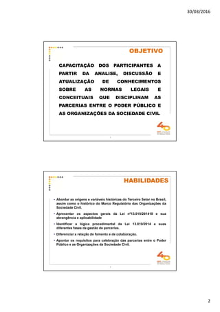 30/03/2016
2
3
OBJETIVO
CAPACITAÇÃO DOS PARTICIPANTES A
PARTIR DA ANALISE, DISCUSSÃO E
ATUALIZAÇÃO DE CONHECIMENTOS
SOBRE AS NORMAS LEGAIS E
CONCEITUAIS QUE DISCIPLINAM AS
PARCERIAS ENTRE O PODER PÚBLICO E
AS ORGANIZAÇÕES DA SOCIEDADE CIVIL
4
HABILIDADESHABILIDADES
• Abordar as origens e variáveis históricas do Terceiro Setor no Brasil,
assim como o histórico do Marco Regulatório das Organizações da
Sociedade Civil.
• Apresentar os aspectos gerais da Lei nº13.019/201410 e sua
abrangência e aplicabilidade
• Identificar a lógica procedimental da Lei 13.019/2014 e suas
diferentes fases da gestão de parcerias.
• Diferenciar a relação de fomento e de colaboração.
• Apontar os requisitos para celebração das parcerias entre o Poder
Público e as Organizações da Sociedade Civil.
 
