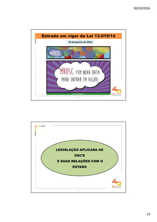 30/03/2016
13
Entrada em vigor da Lei 13.019/14
23 de janeiro de 2016
25
26
LEGISLAÇÃO APLICADA AS
OSC’S
E SUAS RELAÇÕES COM O
ESTADO
 