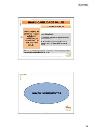 30/03/2016
18
Não se aplica às
parcerias regidas
pela Lei nº
13.019/2014 o
disposto na Lei
no 8.666/1993
(Art. 84 )
AOS CONVÊNIOS:
I - entre entes federados ou pessoas jurídicas a
eles vinculadas;
II - decorrentes da aplicação do disposto no
inciso IV do art. 3o. (filantrópicas da área de
saúde)
A QUEM NÃO SE APLICA
INAPLICABILIDADE DA LEI
“Art. 84-A. A partir da vigência desta Lei, somente serão celebrados convênios
nas hipóteses do parágrafo único do art. 84
35
36
NOVOS INSTRUMENTOS
 