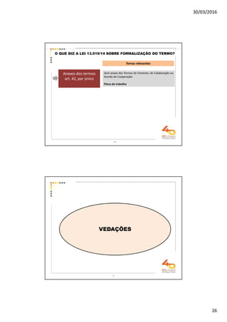 30/03/2016
26
Temas relevantes
Anexos dos termos
art. 42, par único
Será anexo dos Termos de Fomento, de Colaboração ou
Acordo de Cooperação:
Plano de trabalho
O QUE DIZ A LEI 13.019/14 SOBRE FORMALIZAÇÃO DO TERMO?
51
52
VEDAÇÕES
 