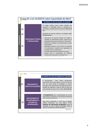30/03/2016
9
DO PONTO DE VISTA DO ÓRGÃO DE GOVERNO
O que diz a Lei 13.019/14 sobre Capacidade da Adm?PLANEJAMENTO
CAPACIDADE TÉCNICA
E OPERACIONAL
Os órgãos públicos devem adotar medidas que
assegurem a capacidade técnica e operacional de
convocação e acompanhamento de parcerias. (Art. 8º, da
Lei)
Provimento de recursos materiais e tecnológicos. (Art.
8º, §único da Lei)
• instrumentos de parceria firmados com órgãos e
entidades da administração pública, organismos de
cooperação internacional, empresas ou outras OSCs;
• relatórios de atividades com comprovação das ações
desenvolvidas;
• publicações, pesquisas e outras formas de produção
de conhecimento realizadas pela organização da
sociedade civil ou a respeito dela;
• currículos profissionais de integrantes da equipe;
• prêmios locais e internacionais de relevância
recebidos pela organização da sociedade civil.
17
PLANEJAMENTO
ORÇAMENTO E
AMPLA DIVULGAÇÃO
A administração deve realizar planejamento
orçamentário anual. Deve publicar no início de cada ano
civil, nos meios oficiais de divulgação, os valores
aprovados na lei orçamentária anual (LOA) vigente para a
execução de programas e ações do PPA em vigor que
serão utilizados em parceria com as OSCs. (Art. 9º da Lei)
DO PONTO DE VISTA DO ÓRGÃO DE GOVERNO
A transparência sobre a disponibilidade de recursos
orçamentários e financeiros é uma premissa fundamental
para o sucesso das parcerias.MECANISMOS DE
TRANSPARÊNCIA E
DIFUSÃO DE
INFORMAÇÕES
Além dessas informações, é crucial que os gestores
públicos mantenham, em suas páginas oficiais,
sistemas de informação atualizados capazes de
possibilitar o acesso à diversas informações sobre as
parcerias realizadas pela organização pública.
18
 
