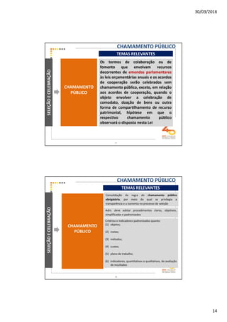 30/03/2016
14
SELEÇÃOECELEBRAÇÃO
TEMAS RELEVANTES
CHAMAMENTO
PÚBLICO
Os termos de colaboração ou de
fomento que envolvam recursos
decorrentes de emendas parlamentares
às leis orçamentárias anuais e os acordos
de cooperação serão celebrados sem
chamamento público, exceto, em relação
aos acordos de cooperação, quando o
objeto envolver a celebração de
comodato, doação de bens ou outra
forma de compartilhamento de recurso
patrimonial, hipótese em que o
respectivo chamamento público
observará o disposto nesta Lei
CHAMAMENTO PÚBLICO
27
SELEÇÃOECELEBRAÇÃO
TEMAS RELEVANTES
CHAMAMENTO
PÚBLICO
Consolidação da regra do chamamento público
obrigatório, por meio do qual se privilegia a
transparência e a isonomia no processo de seleção
Critérios e indicadores padronizados quanto:
(1) objetos;
(2) metas;
(3) métodos;
(4) custos;
(5) plano de trabalho;
(6) indicadores, quantitativos e qualitativos, de avaliação
de resultados
Adm. deve adotar procedimentos claros, objetivos,
simplificados e padronizados
CHAMAMENTO PÚBLICO
28
 