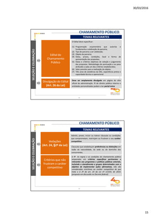 30/03/2016
15
SELEÇÃOECELEBRAÇÃO
TEMAS RELEVANTES
CHAMAMENTO PÚBLICO
Edital do
Chamamento
Público
O Edital deve especificar:
(1) Programação orçamentária que autoriza e
fundamenta a celebração da parceria;
(2) Tipo de parceria a ser celebrada;
(3) Objeto da parceria;
(4) Datas, prazos, condições, local e forma de
apresentação das propostas;
(5) Datas e critérios objetivos de seleção e julgamento
das propostas. Metodologia de pontuação e ao peso
atribuído a cada um dos critérios estabelecidos;
(6) Valor previsto para a realização do objeto;
(7) Três anos de existência da OSC, experiência prévia e
capacidade técnica e operacional.
Divulgação do Edital
(Art. 26 da Lei)
Deve ser amplamente divulgado em página do sítio
oficial da administração. PJ de direito público interno e
entidades personalizadas podem criar portal único
29
SELEÇÃOECELEBRAÇÃO
Admitir, prever, incluir ou tolerar cláusulas ou condições
que comprometam, restrinjam ou frustrem o seu caráter
competitivoVedações
(Art. 24, §2º da Lei)
TEMAS RELEVANTES
Clausulas que estabeleçam preferências ou distinções em
razão da naturalidade, da sede ou do domicílio dos
concorrentes.
Critérios que não
frustram o caráter
competitivo
§ 4º As regras e as condições do chamamento público
amparadas em critérios específicos pertinentes e
relevantes aos programas e políticas públicas setoriais,
incluindo o atendimento a grupos determinados com o
objetivo de implementar ações afirmativas, não são
consideradas restritivas ao caráter competitivo de que
trata o § 2º do art. 24 da Lei nº 13.019, de 2014.
(proposta em discussão no Decreto federal)
CHAMAMENTO PÚBLICO
30
 