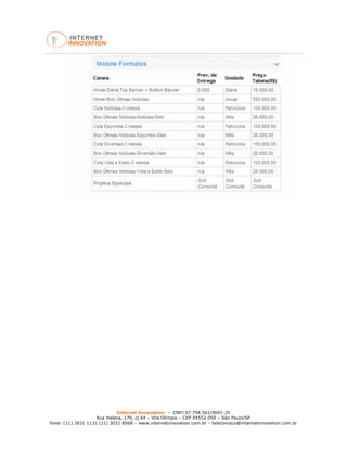 Internet Innovation – CNPJ 07.754.561/0001-25
Rua Helena, 170, cj 64 – Vila Olímpia – CEP 04552-050 – São Paulo/SP
Fone: (11) 3031 1131 (11) 3031 8568 – www.internetinnovation.com.br – faleconosco@internetinnovation.com.br
 