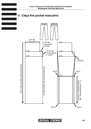 Curso Técnico em Confecção Industrial do Vestuário
Modelagem Industrial Masculina
65
17. Calça five pocket masculina
 