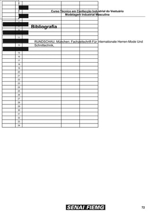 Curso Técnico em Confecção Industrial do Vestuário
Modelagem Industrial Masculina
72
Bibliografia
RUNDSCHAU. München: Fachzeitschrift Für Internationale Herren-Mode Und
Schnittechnik,
2
3
4
5
6
7
8
9
10
11
12
13
14
15
16
17
18
19
20
21
22
23
24
25
26
27
28
29
30
31
32
33
34
 
