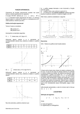 Matemática para Concursos 39
FUNÇÃO EXPONENCIAL
Chamamos de funções exponenciais aquelas nas quais
temos a variável aparecendo em expoente.
A função f:IR IR
+
definida por
x
f ( x ) a , com a IR
+
e
a 1, é chamada função exponencial de base a. O domínio
dessa função é o conjunto IR (reais) e o contradomínio é IR
+
(reais positivos, maiores que zero).
Gráfico da função exponencial
Temos 2 casos a considerar:
quando a>1;
quando 0<a<1.
Acompanhe os exemplos seguintes:
01. 2x
y (nesse caso, a=2, logo a>1)
Atribuindo alguns valores a x e calculando os
correspondentes valores de y, obtemos a tabela e o gráfico
abaixo:
x -2 -1 0 1 2
y 1/4 ½ 1 2 4
-2 -1 21
0
3
2
1
-1
x
y
4
02.
1
2
x
y (nesse caso, a=1/2, logo 0<a<1)
Atribuindo alguns valores a x e calculando os
correspondentes valores de y, obtemos a tabela e o gráfico
abaixo:
x -2 -1 0 1 2
y 4 2 1 1/2 1/4
-2 -1 21
x0
3
2
1
-1
y
4
Nos dois exemplos, podemos observar que:
a) o gráfico nunca intercepta o eixo horizontal; a função
não tem raízes;
b) o gráfico corta o eixo vertical no ponto (0,1);
c) os valores de y são sempre positivos (potência de base
positiva é positiva), portanto o conjunto imagem é Im=IR
+
.
Além disso, podemos estabelecer o seguinte:
1a > 0 1a< <
IR IR
xx
yy
xx
yy
Exercícios
223) Esboce os gráficos das funções abaixo:
a)
1
3
x
y
b) 3x
y
279)
A figura acima ilustra duas cópias do sistema cartesiano xOy,
em que, no eixo Ox de cada um desses sistemas, foi utilizada
a mesma unidade de medida. No sistema da esquerda, está
representado o gráfico da função f(x) = 2
x
, no qual estão
marcados os pontos de abscissas x = k e x = 2k. No sistema
da direita, está representado o gráfico da função g(x) = x e os
pontos que têm as mesmas ordenadas daqueles marcados
no gráfico do sistema da esquerda. Sabe-se que a distância
entre as abscissas dos pontos marcados no gráfico à direita é
igual a 56. Considerando essas informações, julgue o item
abaixo.
a)Na situação apresentada, o valor do número real k é tal que
3
30 1 32k k
LOGARITMOS
Definição de logaritmo
0 1 0x
a
a b x log b a ;a ;b
Onde:
a= base do logaritmo
b= logaritmando ou antilogaritmo
 